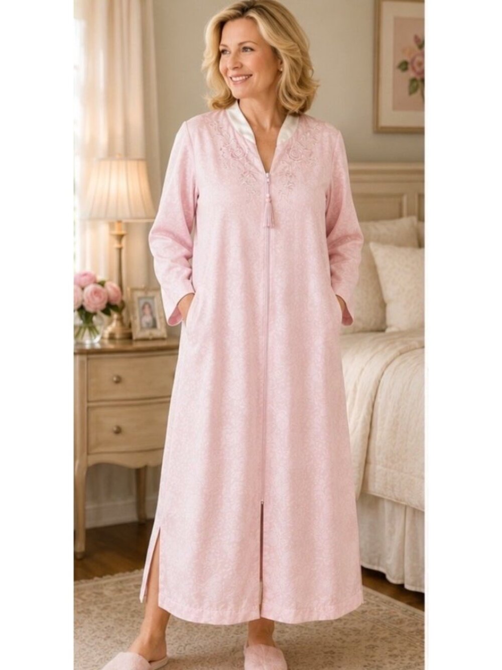 Miss Elaine Womens SZ Large Pink Nightgown Robe Full Zipper Front Long Sleeve